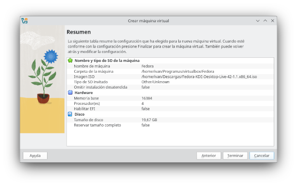 Pantalla amosando o resumo da instalación. Co resumo do nome da máquina, ISO, hardware e disco.